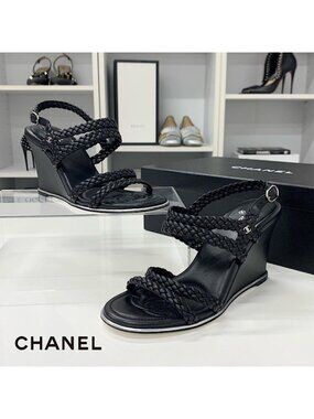 Chanel CC Logo Braided Leather Wedge Sole Sandals Black